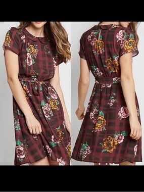 ModCloth Burgundy Floral Buffalo Check Joyfully Poised Collared A-Line Dress